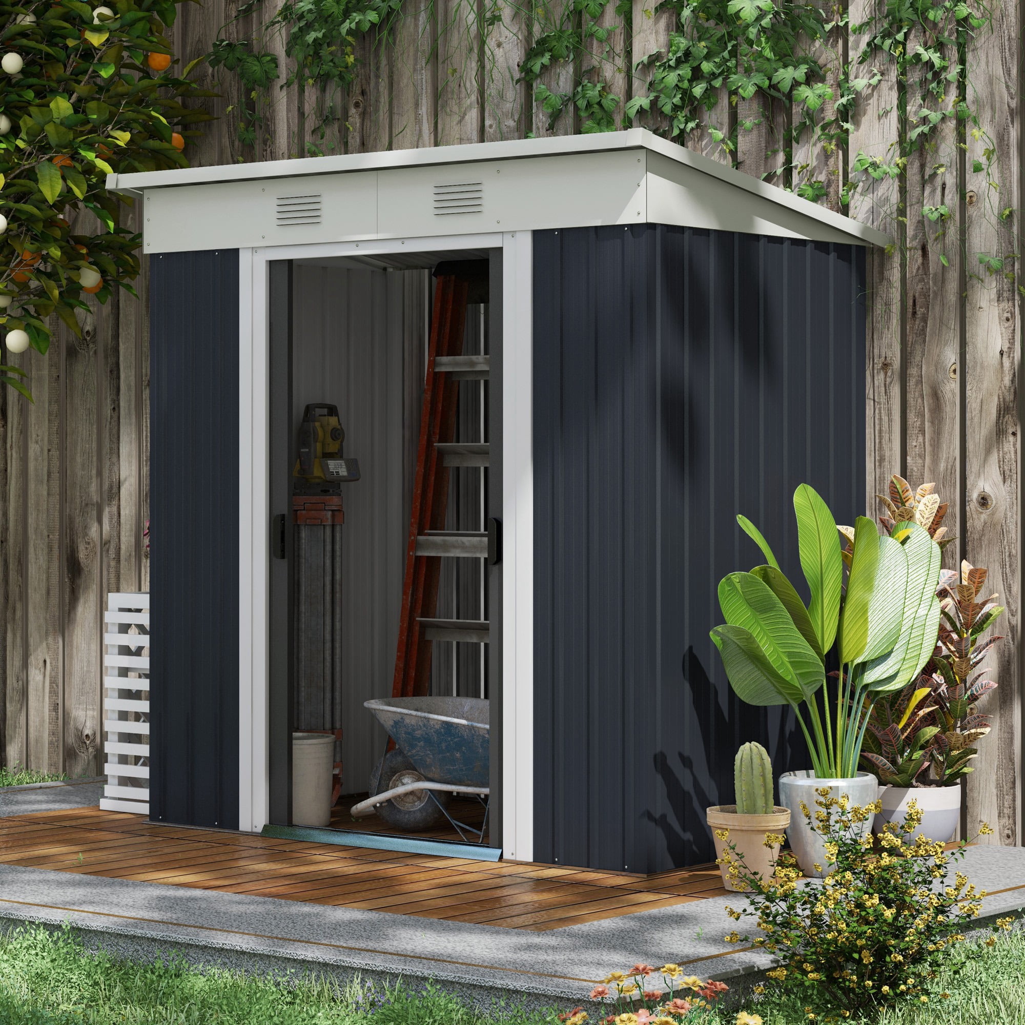 Outsunny 6' x 4' Backyard Garden Tool Storage Shed with Dual Locking Doors, 2 Air Vents and Steel Frame, Black