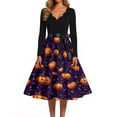 thumbnail image 4 of Halloween Dresses for Women Skeleton Candy V Neck 1950s Cocktail Funny Dress Long Sleeve Hepburn Retro Cute Tea Length Dress with Belt L, 4 of 5