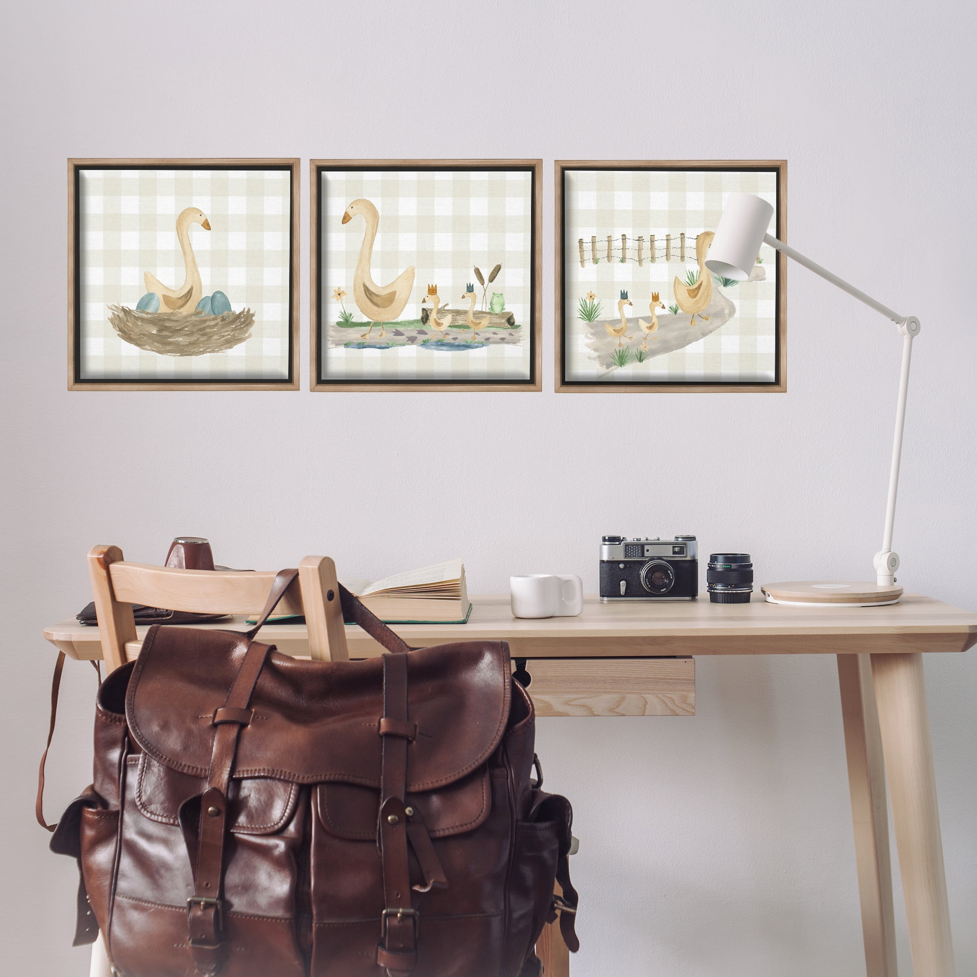 Stupell Industries Mama Goose & Ducklings Animals Painting Brown Floater Framed Canvas Art Print Wall Art, 18 x 18, Set of 3