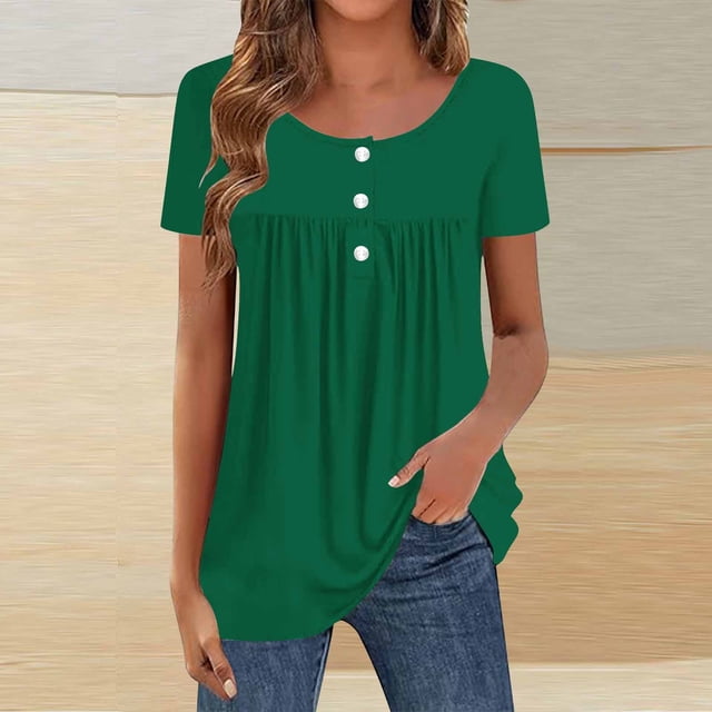 TaTaai Pleated Blouse Stretchy Soft Lightweight Women's Loose Fit Short Sleeve Round Neck Button Detail Casual Daily Fashion All-Season Versatile Top Gift