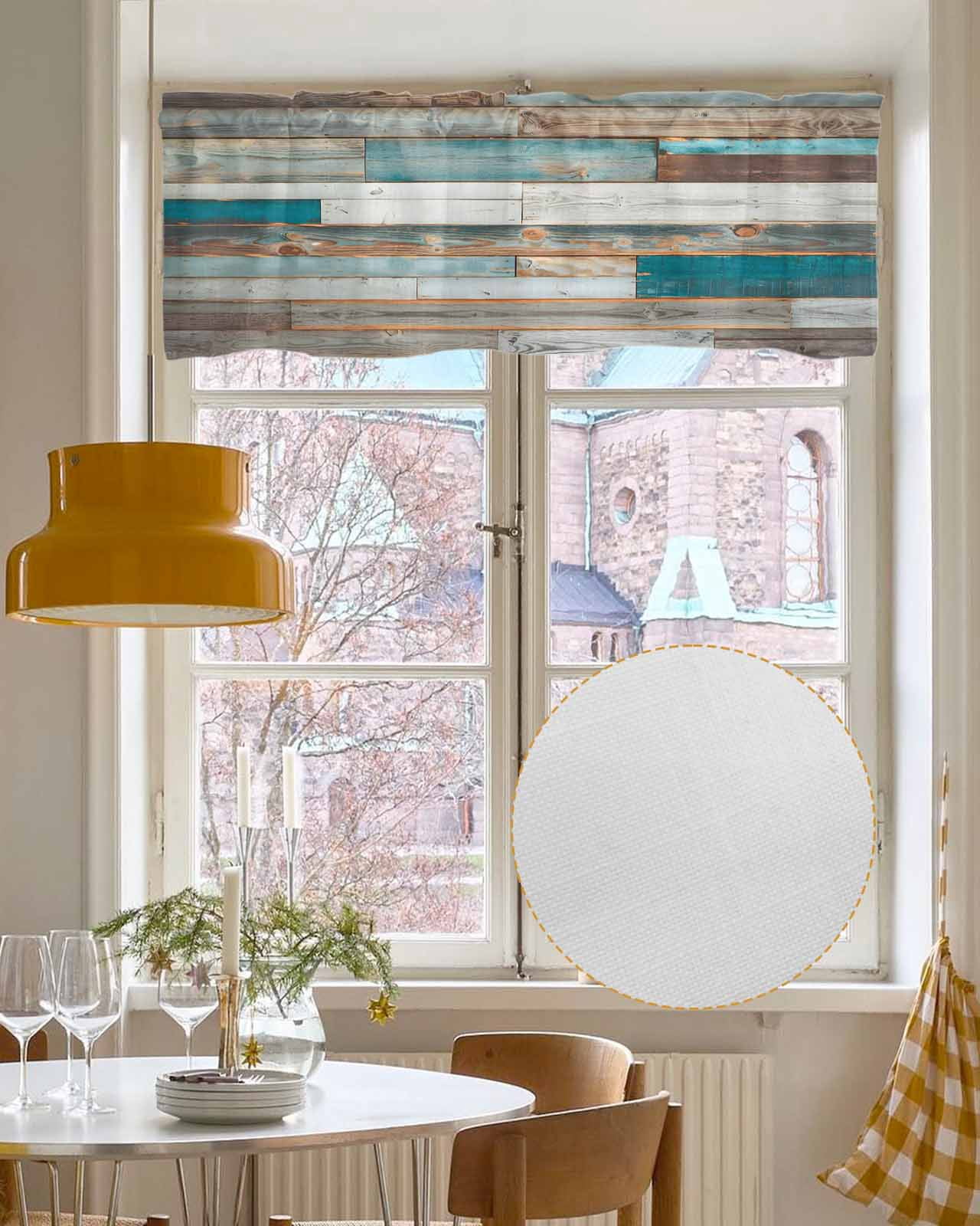 Turquoise Brown Kitchen Valances for Windows Farmhouse Linen Window Valance Curtain for Living Room Window Treatment Vintage Country Ombre Wooden Grain Valance Rod Pocket Topper Drape, 42 x 18 Inch