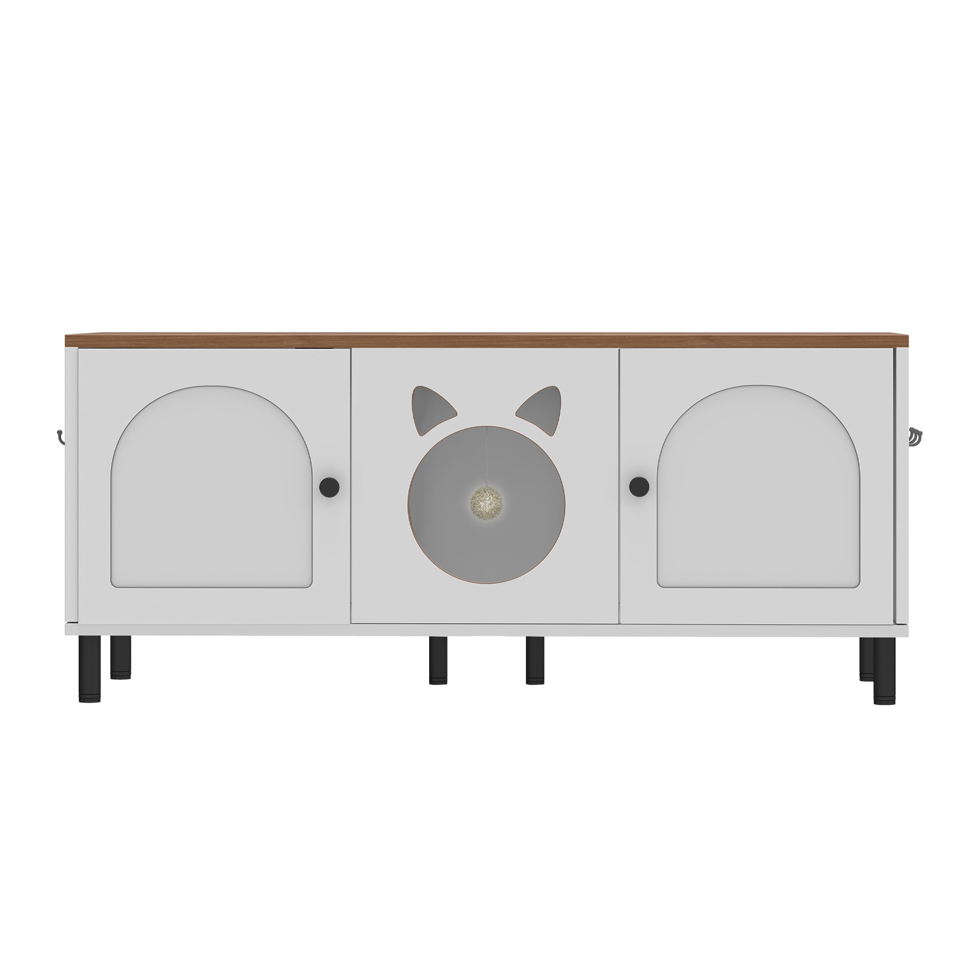 ModFusion 59" Modern Cat Litter Box Enclosure TV Stand – Multi-Functional Cat Furniture with Hidden Litter Box, Storage Hooks & Pet Bed, White & Walnut