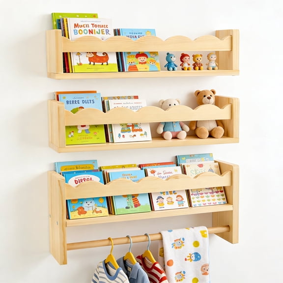 AMTPM Nursery Book Shelves, Wood Floating Shelves for Wall Kids, Scalloped Wall Shelves with Towel Rack for Bedroom Kids Toddler Room, Baby Room, Nursery Decor and Storage(3 Pack)