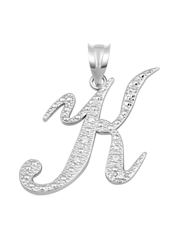 .925 Sterling Silver Cursive Letter Script "K" CZ Initial Pendant Necklace(Pendant Only)