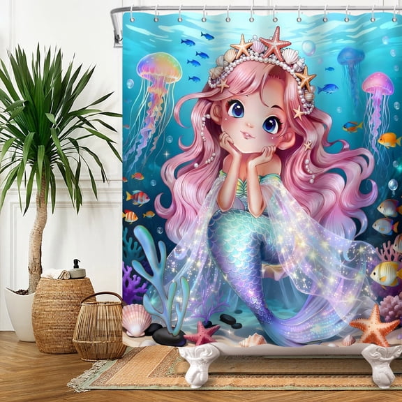 MIZHONA Summer Ocean Mermaid Shower Curtain Sea Bathroom Curtain Decor with Hooks 72"W x 72"L