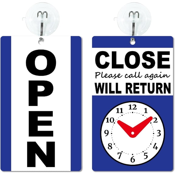 Blue Open Closed Sign Will Return Signs for Business Double Sides Plastic Vinyl Adjustable Return Time Clock Hanging Plate