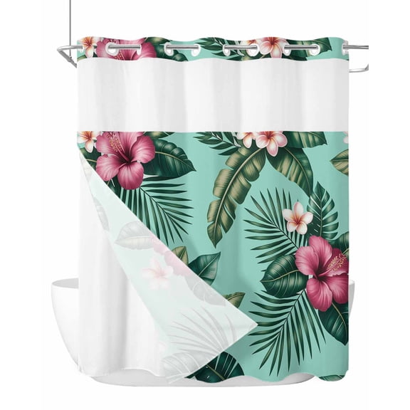 No Hook Cloth Fabric Shower Curtain with Snap in Liner, Tropical Waterproof Shower Curtains Set with See Through Top Window, Pink Floral Green Palm Leaf Aqua Watercolor Bath Curtains Shower 72"x78"