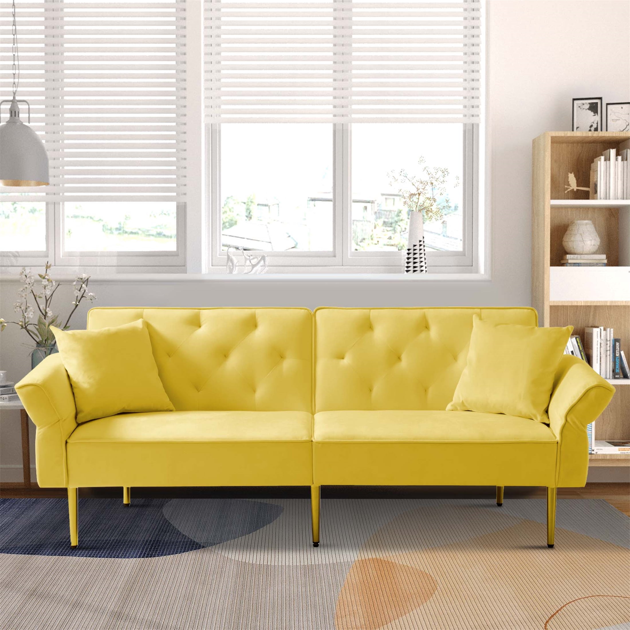 Aukfa 84" Wide Velvet Futon Convertible Sofa for Living Room, Folding Arm, 2 Pillows, Yellow