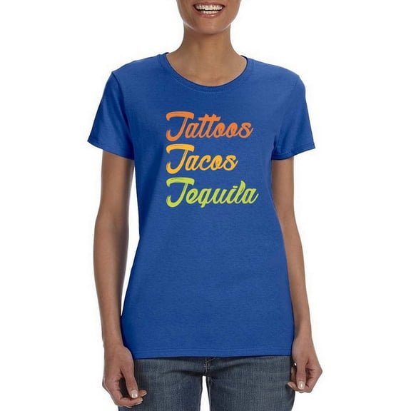 Tattoos, Tacos, Tequila Funny Drinking Women Royal Blue T-Shirt, Female Medium