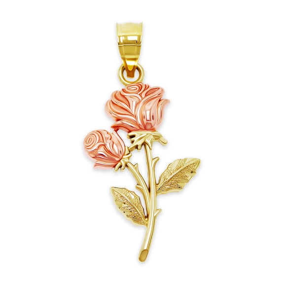 Charm America - Gold Long Stem Double Rose Charm - 10 Karat Solid Gold