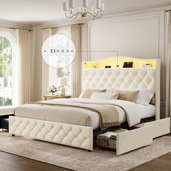 GUNAITO Queen Size Upholstered Platform Bed Frame, Button Tufted Velvet Bed with 4 Storage Drawers, LED Lights & USB Charging Ports, Noise‑Free Metal Frame with Headboard, No Box Spring Needed, Beige