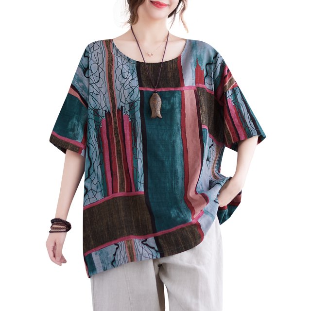 Blusa suelta para mujer Impreso Media manga O Cuello Vintage Camisas casuales Romacci Jerseys de mujer