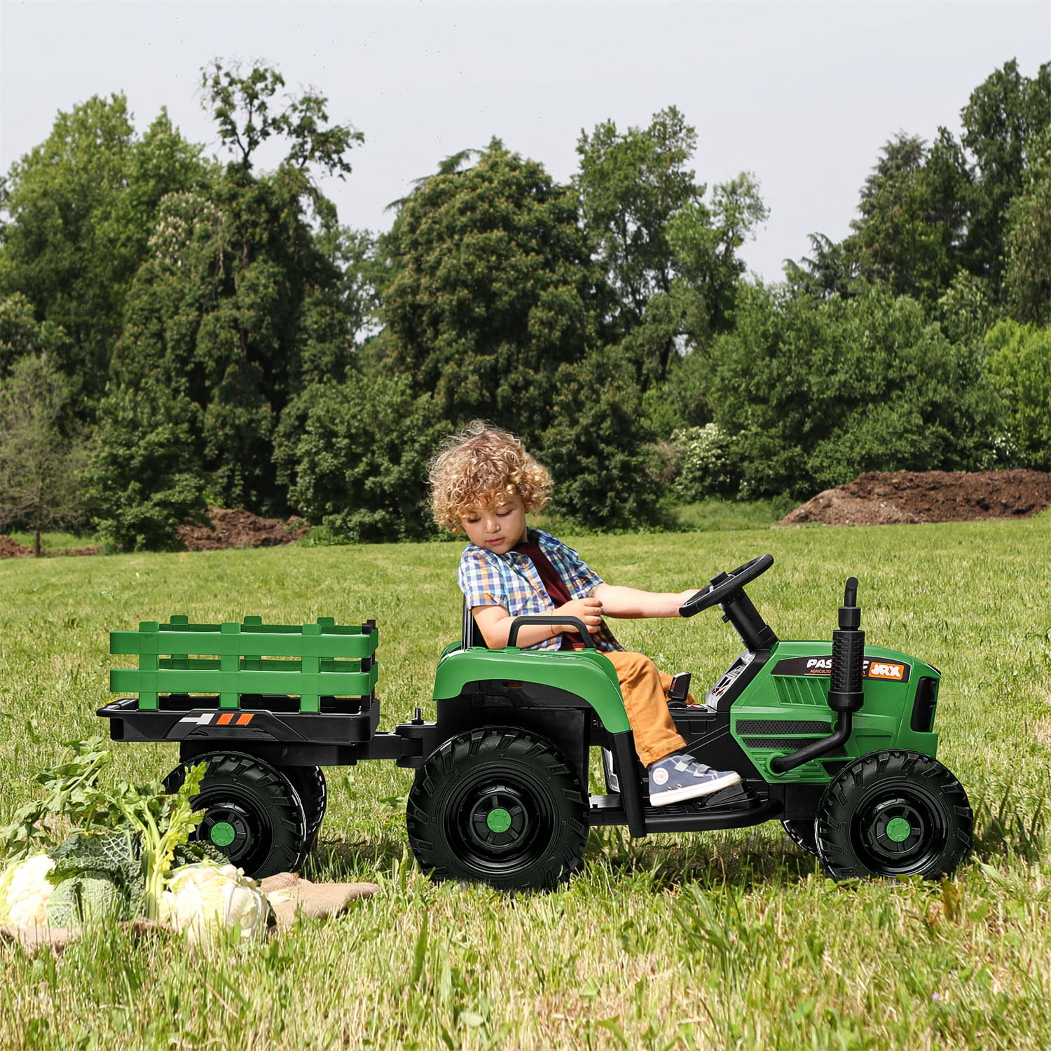 CIPACHO 12V Ride On Tractor with Trailer, 2.4RC, Electric Kids Car Three Speed Adjustable, USB, MP3, Power Display, Dark Green