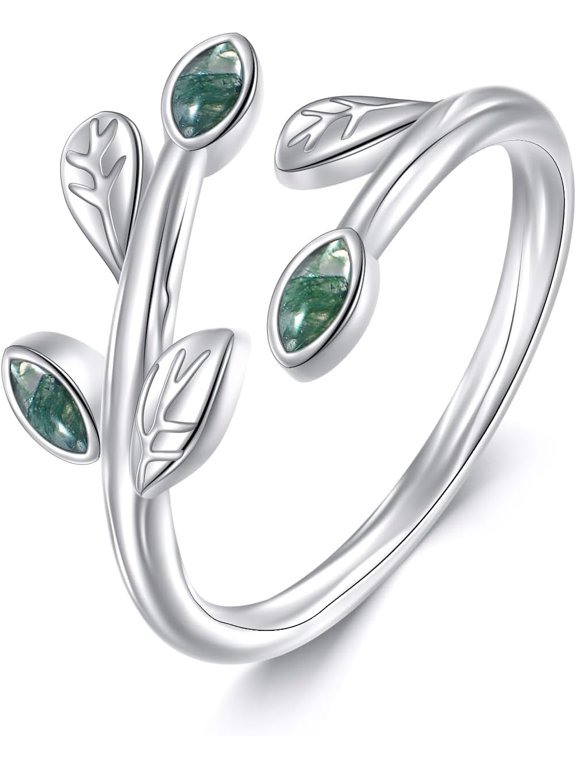 Leaf Ring Sterling Silver Moss Agate Leaf Adjustable Open Rings Moss Agate Jewelry Gifts for Women