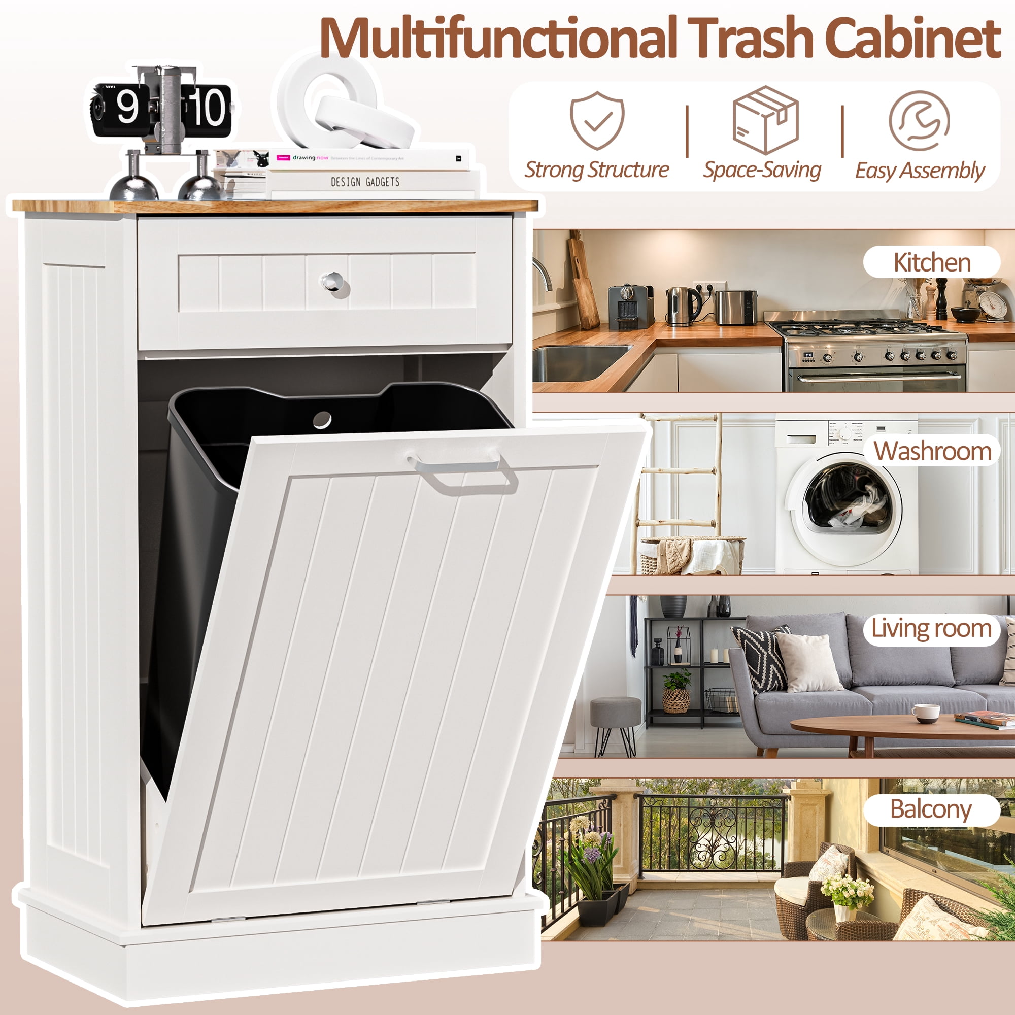 AHB 13 Gallon Single Tilt Out Trash Cabinet with Drawer, Freestanding Kitchen Trash Can Storage Organizer, 20.9"L x 13.55"W x 38.5"H, White