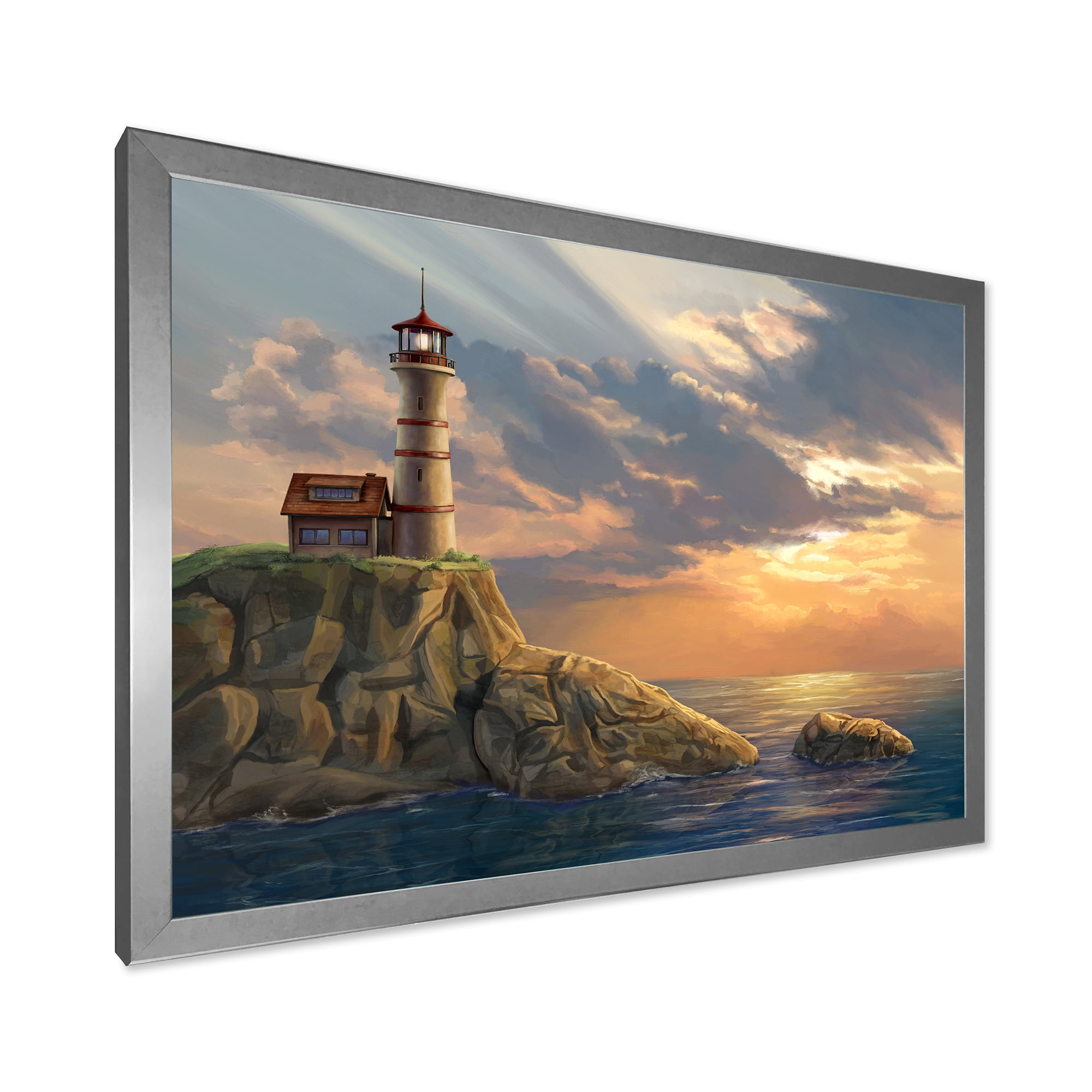 Designart 'Lighthouse On A Rocky Coastal Cliff At Evening Light' Nautical & Coastal Framed Art Print