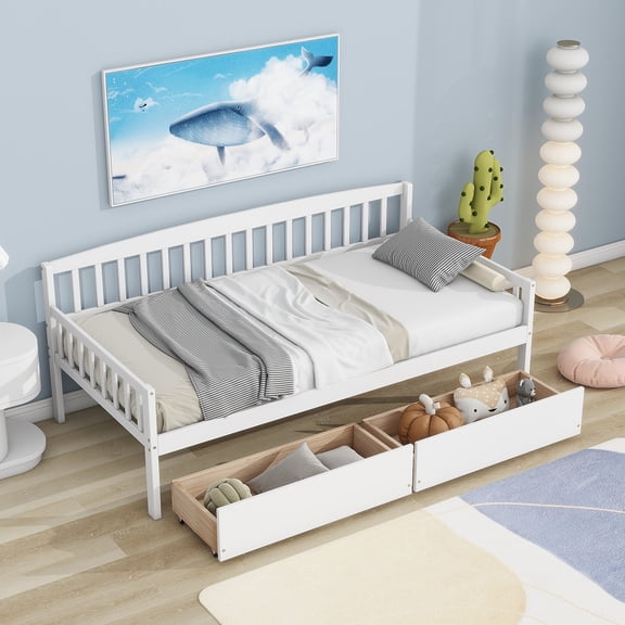 YDSM Twin-size Pine Wood Daybed with two Storage Drawers, Sofa Bed with Bed Platform of 10 Support Slats,White