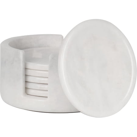 Radicaln White Marble Coasters Set of 6 Handmade 3.5 inch Round Coasters for Drinks, Elegant Coaster Set with Holder for Dining and Coffee Tables