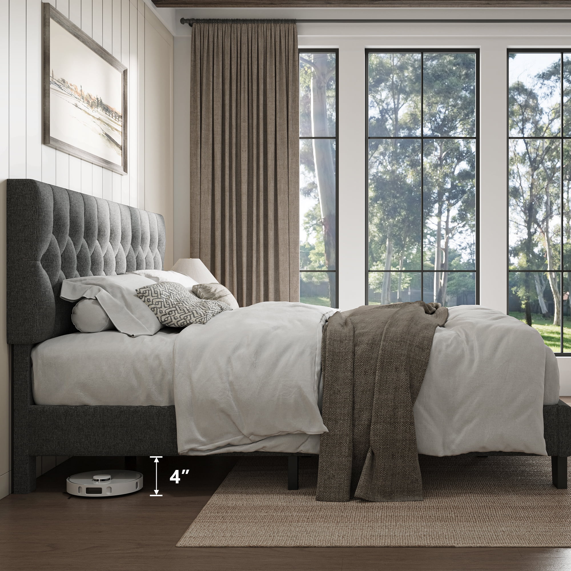 Honfach King Size Velvet Bed Frame with Upholstered Button Tufted Headboard, Platform Bed with Wooden Slats Support, No Box Spring Needed, Easy Assembly, Noise-Free,Dark Gray