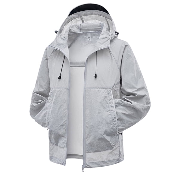 OIOLOYJM Jackets for Men Lightweight Outdoor Full Zip Sun Protection Rain Windbreaker Casual Hiking Running Breathable Hooded Coat Light Gray L