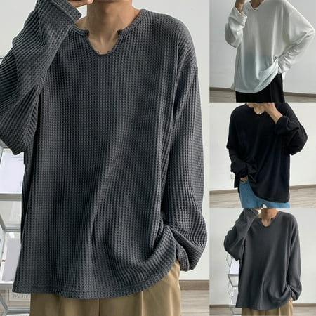 

greenhome Men Shirt Pure Colors V Neck Loose Long Sleeve Men Top for Daily Wear