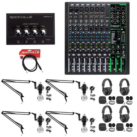 4-Person Podcast Podcasting Recording Kit w/Mackie ProFX12 v3 Mixer+Boom Arms