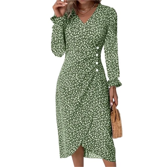Women's Surplice Midi Dress with Long Sleeve Ruffled Sheer Details Decorative Button 100% Polyester for Everyday Wear