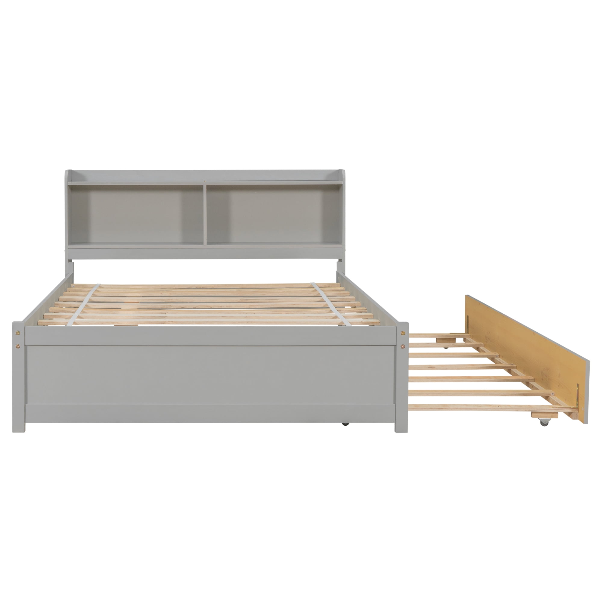 Leumius Full Size Bed with Trundle and Bookcase Headboard for Boys Girls Grey
