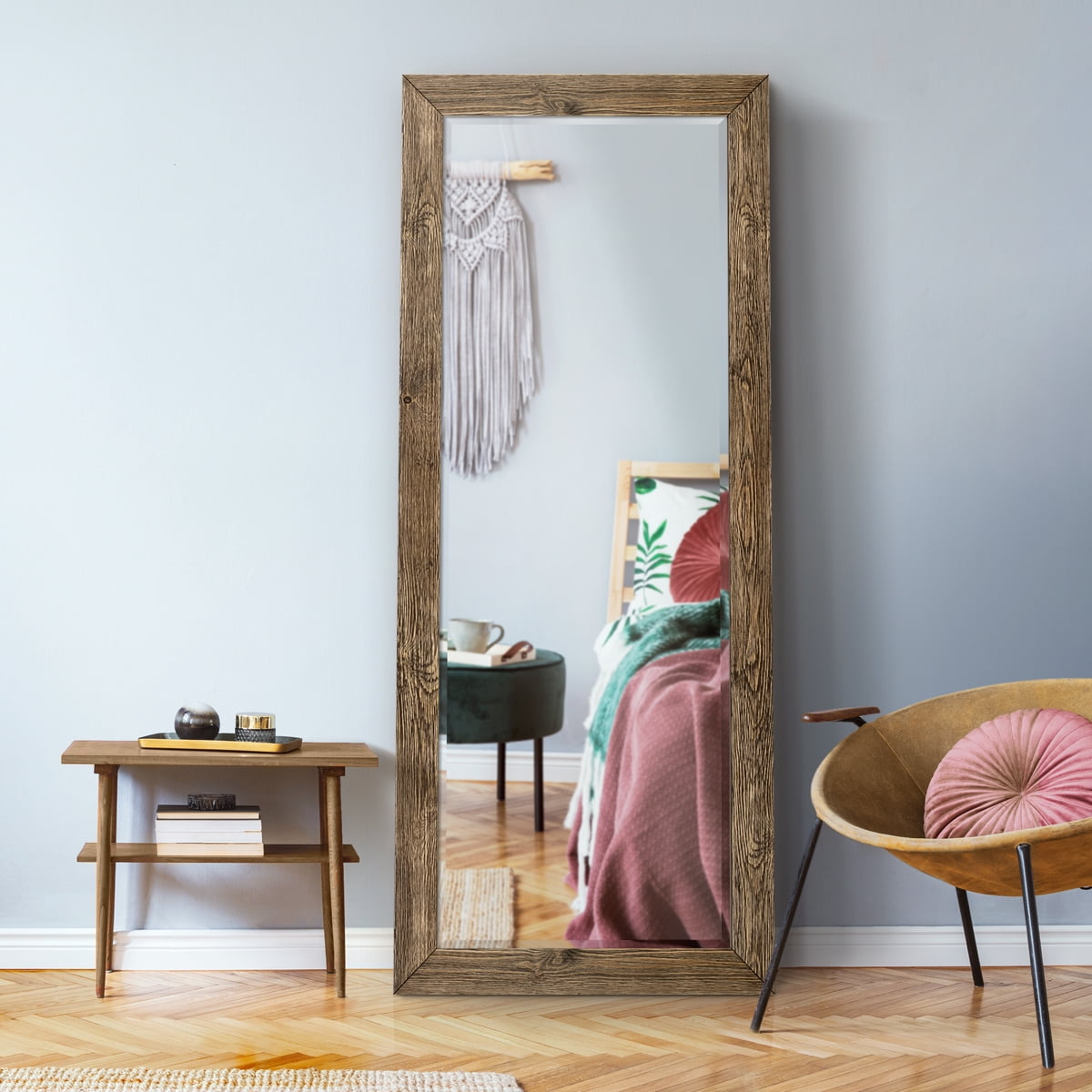 25 in. W x 61 in. H Framed Rectangle Beveled Edge Wood Full Length Mirror in Walnut