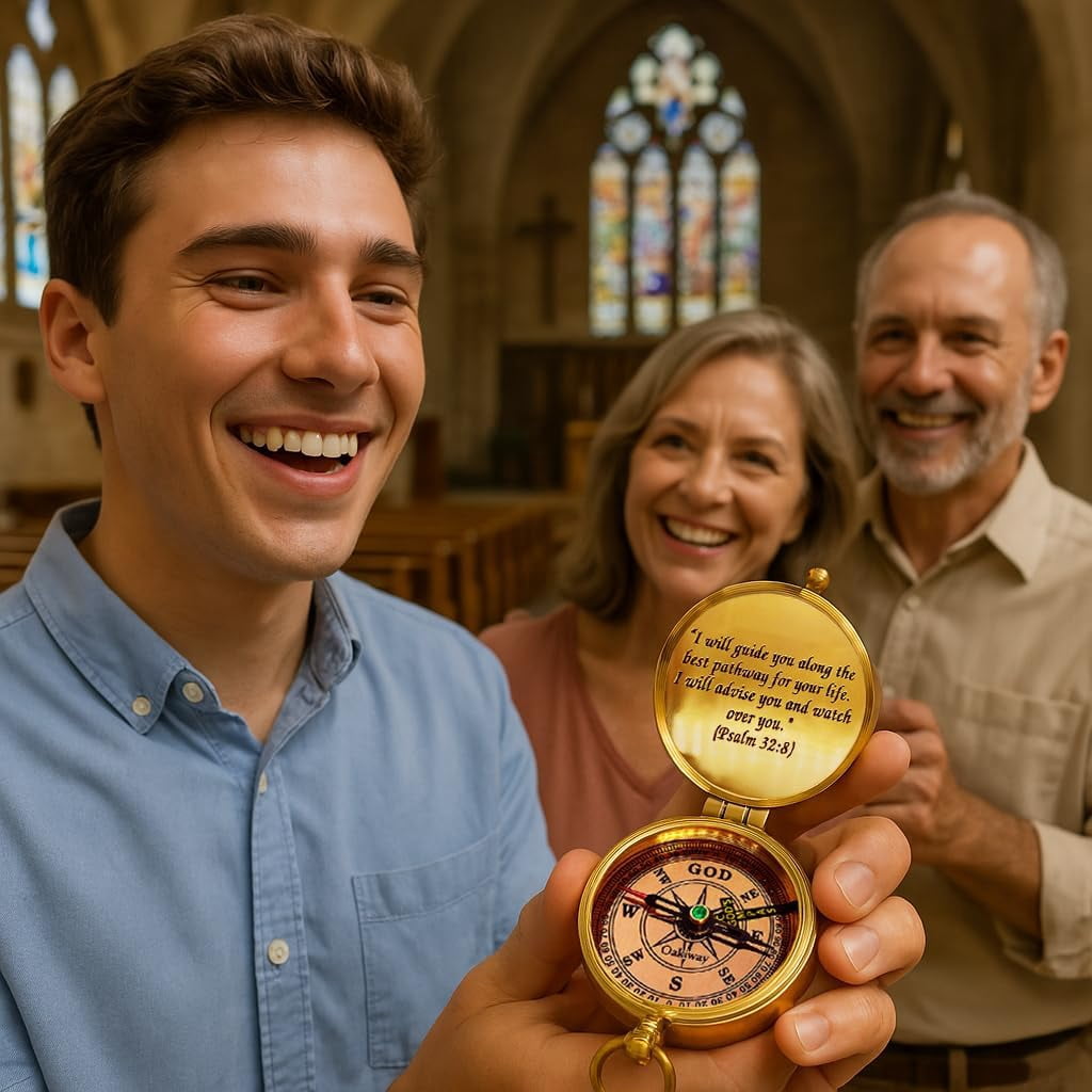 OakiWay God's Path Compass (Psalm 32:8) - Religious Gifts for Men, Baptism Gifts for Teenage Boys - Comes in Leather Case - Sentimental & Inspirational Present - Greeting Card Included