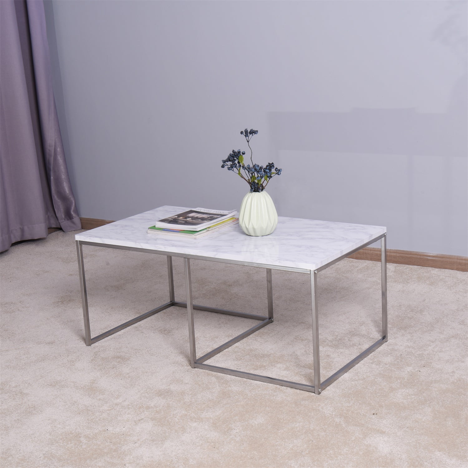 Living Room White Nesting Table, Coffee Table with Wooden MarbleTop, Metal Legs, White