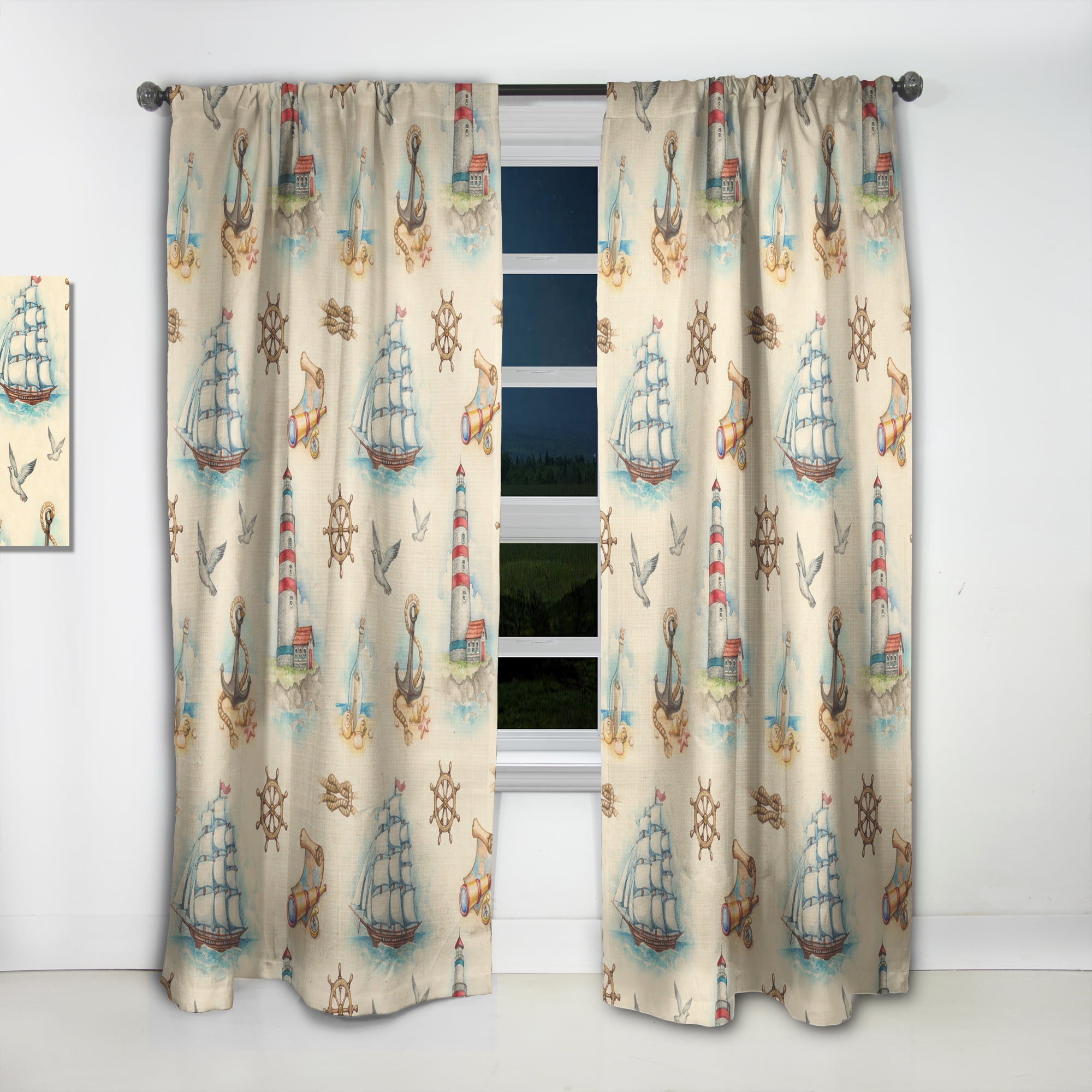 Designart 'Watch Tower Sail Boat Binocular' Coastal Curtain Panel