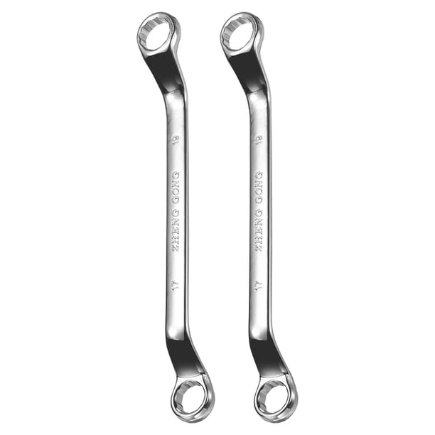 Juego de 2 llaves de caja de extremo con desplazamiento de 45 grados 17mmx19mm, 12 puntos, de acero aleado con acabado de cromo espejo, llaves dobles de grado industrial para reparación