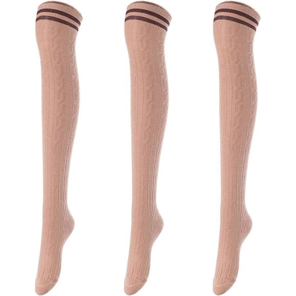 Lovely Annie Big Girl's Women's 3 Pairs Incredible Durable Super Soft Unique Over Knee High Thigh High Cotton Socks Size 6-9 A1023(Khaki)