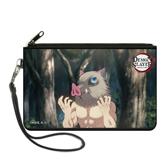 Demon Slayer Wallet, Zip Clutch, Demon Slayer Inosuke Hashibira Boar Head Pose and Title Logo, Canvas