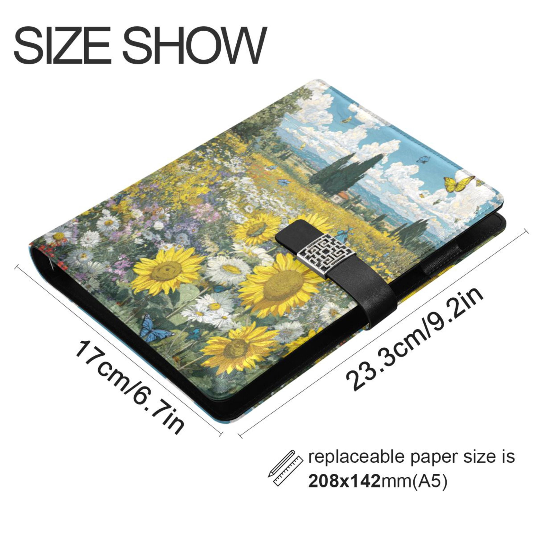 Leather Planner Leather Notebook Notebook Journal Binder Design Pen Pocket Design Convenient for Storage Sunflower Field Butterflies