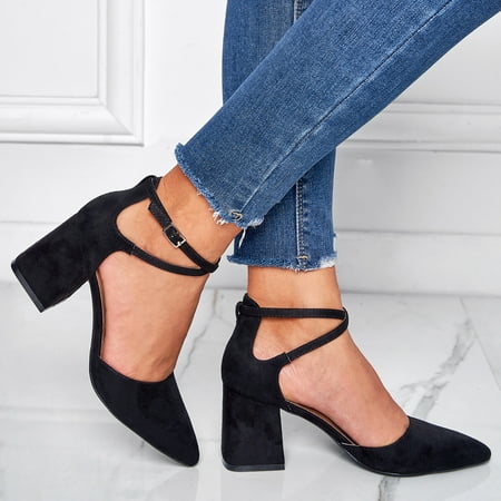 

Women‘s Cross Ankle Strap Block Heel Sandasl Black Pointed Toe D‘Orsay High Heels Fashion Party & Dress Pumps