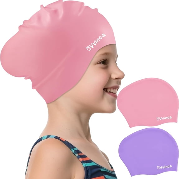 TELOLY Swim Cap Kids for Long Hair Braids Curly,2Pcs Silicone Waterproof Swimming Caps for Toddler Girls Boys Age 3-8 Keep Hair Dry Pool Water Swim Hats Kids Swim Caps for Girls