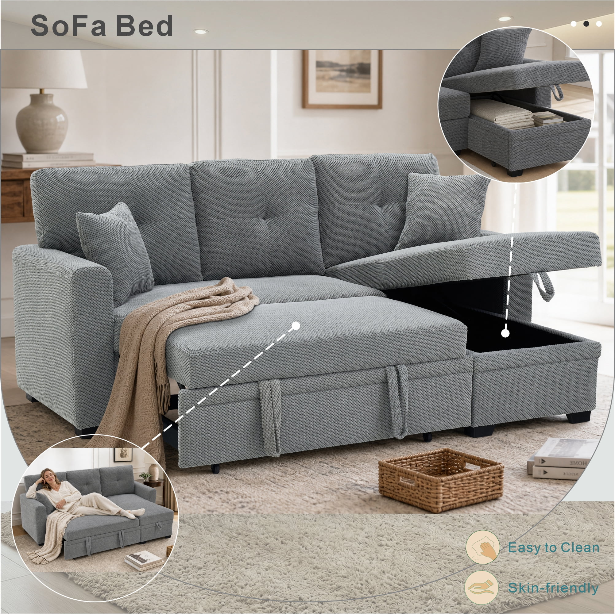Howcool Sectional Sleeper Sofa with Pull-Out Bed,Reversible Storage Chaise,L-Shaped Convertible Couch for Small Living Room,Light Gray,Coffee Bean
