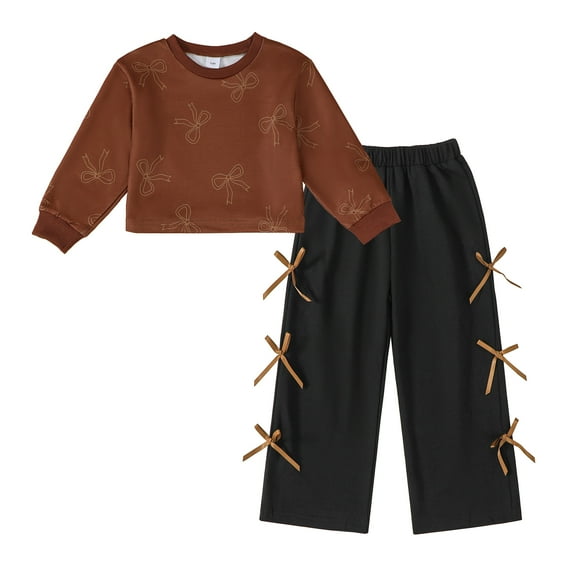 3T Baby Girls Clothes 4T Girls Pant Set Toddler Girls Long Sleeve Round Neckline Bowknot Print Top Pants 2PCS Outfits Set Brown