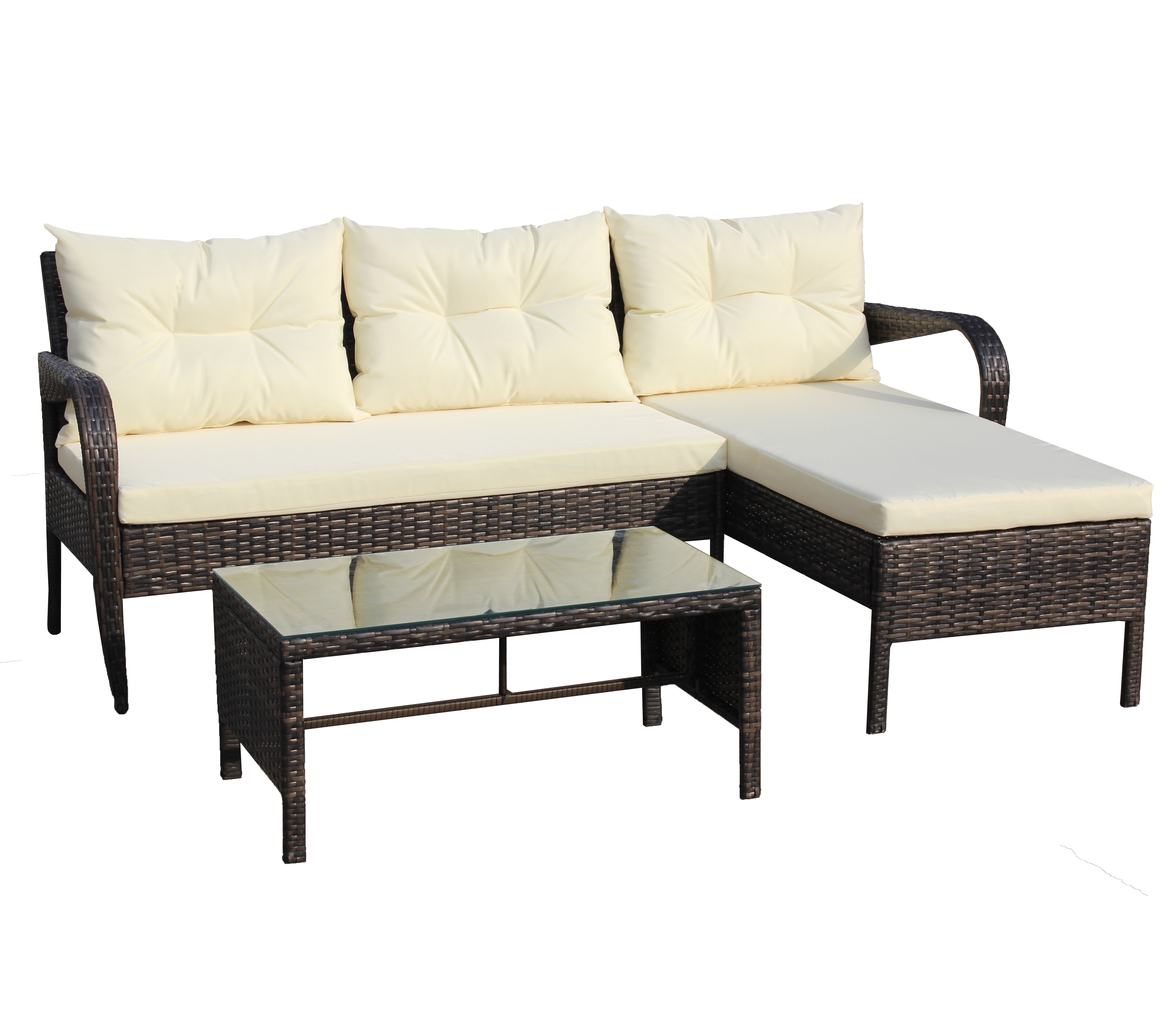 3 Piece Patio Furniture Set, All-Weather Outdoor Sectional Sofa Set, PE Rattan Conversation Set with Table & Cushions, Wicker Furniture Couch Set for Patio Deck Garden Poolside Yard