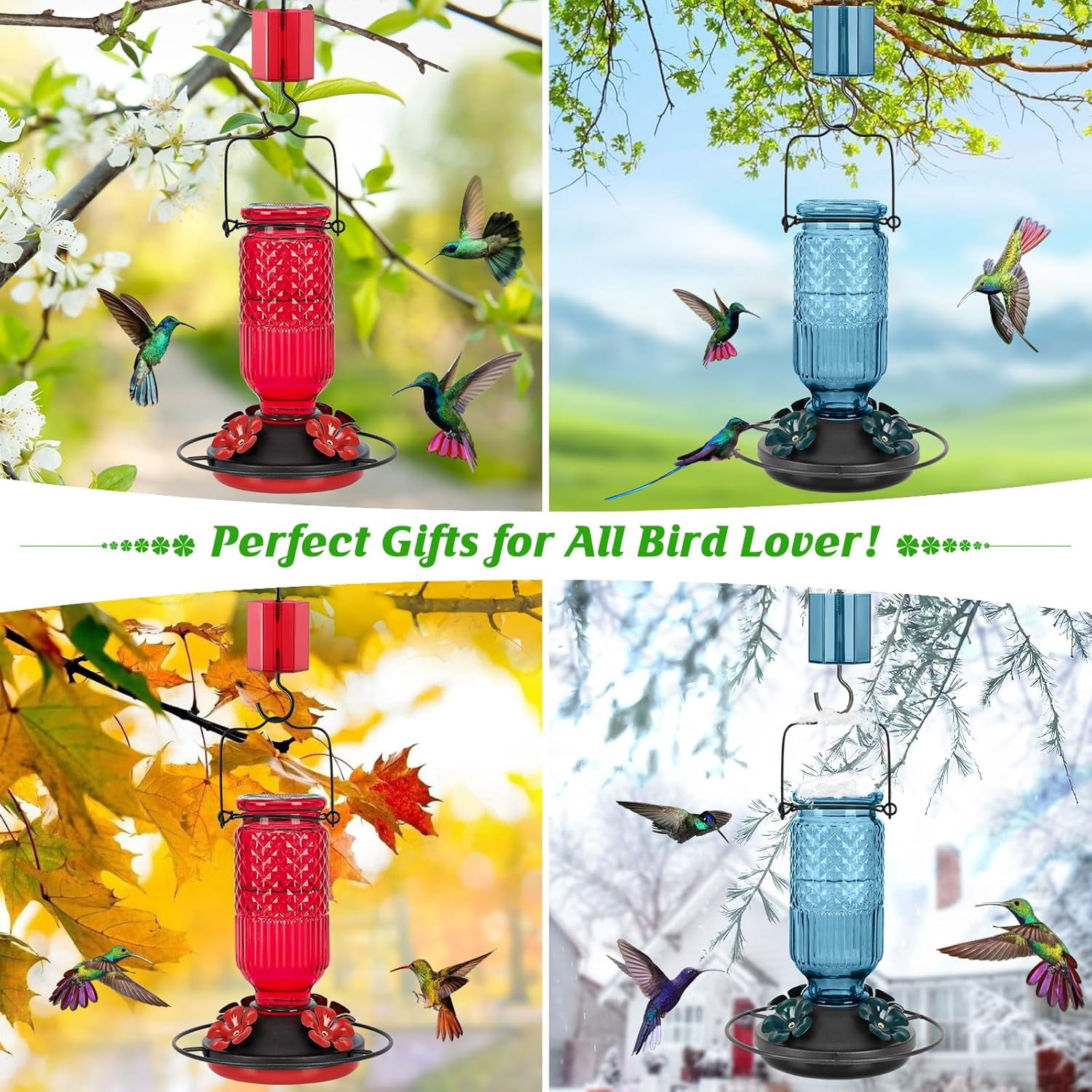 Glass Hummingbird Feeder for Outdoors Hanging, 16 OZ Humming Birds Feeders with 4 Bee Guard Feeding Ports & Built-in Ant Moat, Bird Feeder for Outside, Gifts for Women Mom, Red