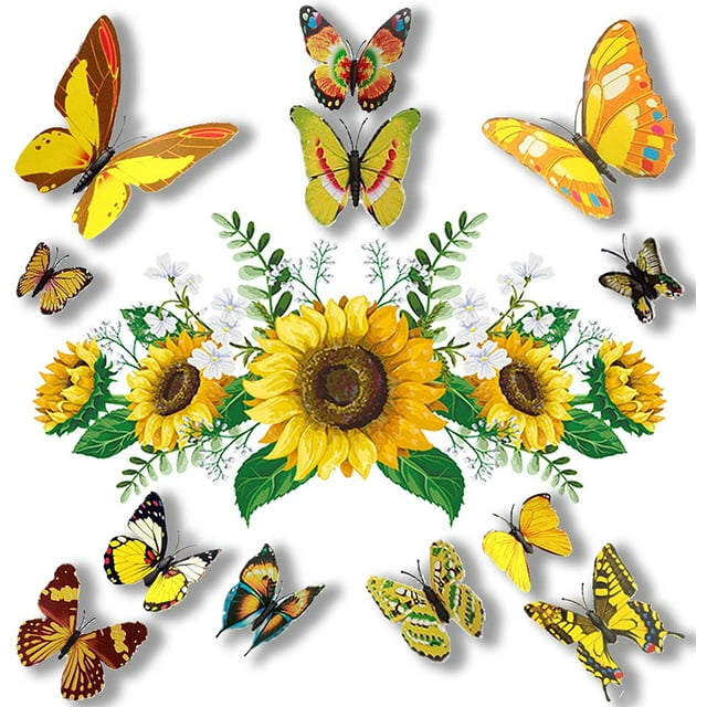 Pegatina de pared Pegatina de pared de girasol con 12 pegatinas de pared de mariposa de colores 3D para guardería Zhivalor CZJJ-YX152