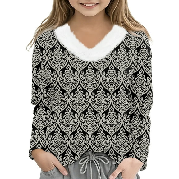 CCRFTGI Girls Long Sleeve Shirts Size 10-12 Cute 3D Western Ethnic Style Fur Trim V Neck Tee Tops Cozy Fall Tee Tween girls T Shirts Top Gray 11-12 Years