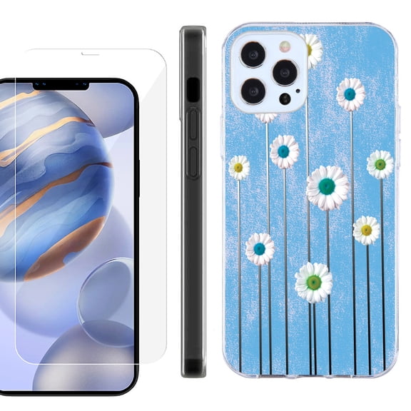 Slim Fit Protective Phone Case for Apple iPhone 12 / iPhone 12 Pro, with Tempered Glass Screen Protector, by OneToughShield ® - Daisy Sky