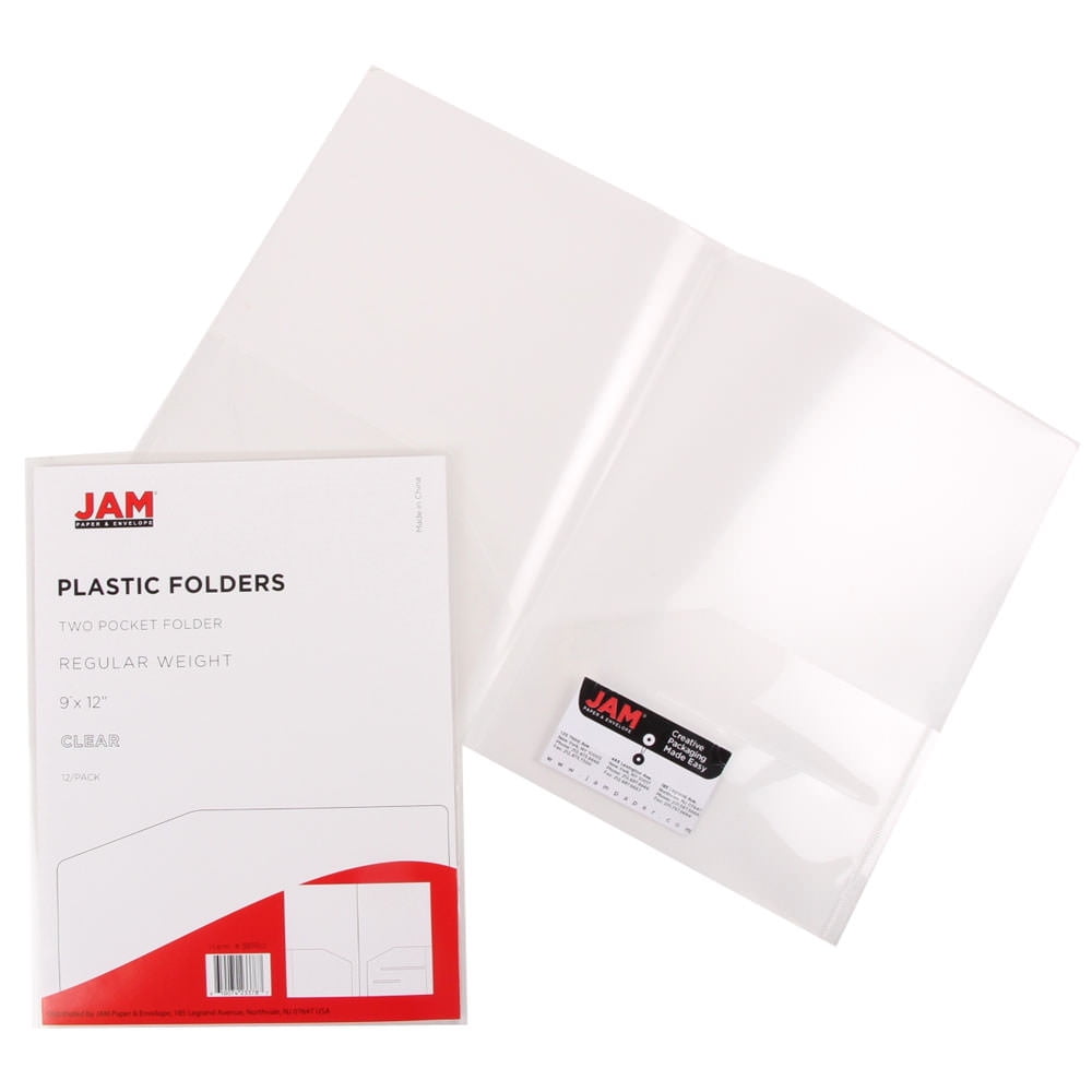JAM Paper Plastic Regular Weight Two Pocket Presentation Folder, Clear, 108/pack