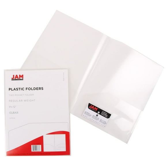JAM Paper Plastic Regular Weight Folders, Clear, 6 per Pack, Two Pocket