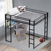 Twin Size Loft Bed with Desk and Shelves for Adult, Metal Bed Frame with Two Build-in Ladders -Length Guardrail, Noise Free, Space-Saving Design, No Box Spring Needed