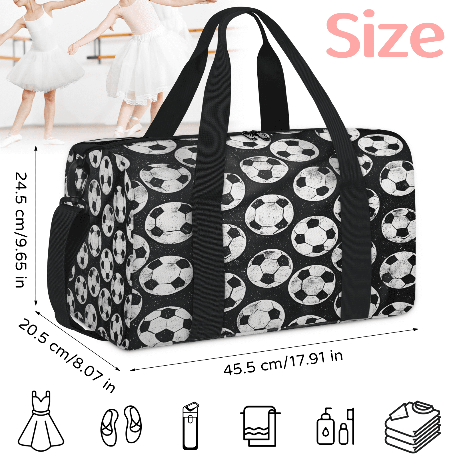 Herdesigns Black And White Soccer Ball Travel Duffle Bag Sports Yoga Weekender Overnight Carry on Workout Bags Lightweight Waterproof Gym Tote Bag for Women