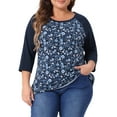 thumbnail image 1 of Blusa de Talla Grande para Mujeres Agnes Orinda, Cuello Redondo, Floral, Color de Contraste, Mangas Raglán 3/4, Tops Campesinos Casuales 3X Azul Oscuro, 1 of 8
